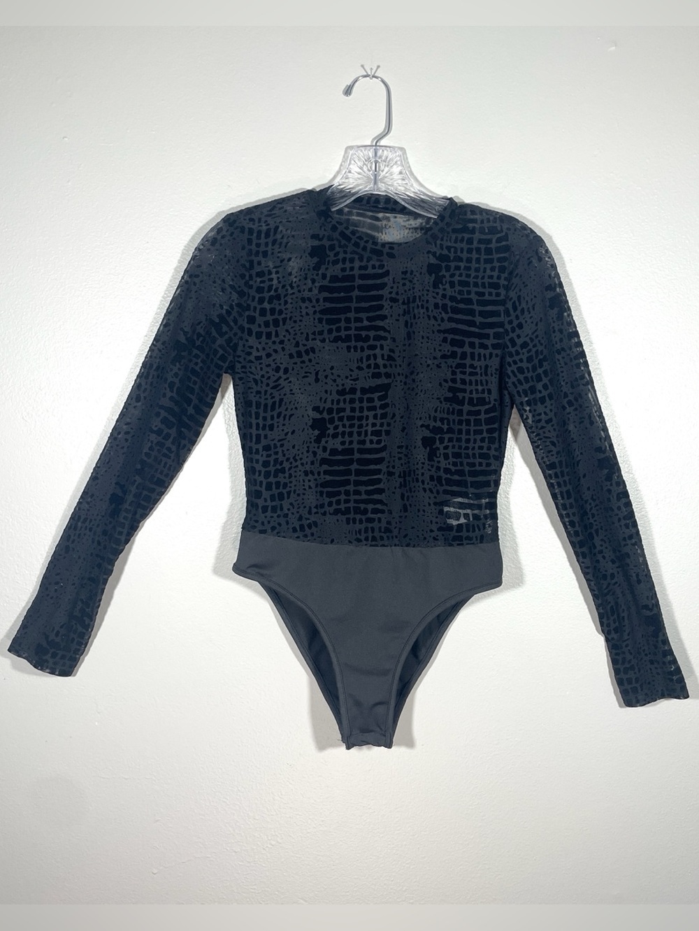 SHEIN Black Flocked Mesh Long Sleeve Bodysuit Goth Grunge